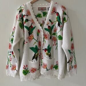 Vintage Womens 90s Hand Knit Cardigan Sweater 2X Hummingbirds Cottagecore Fairy